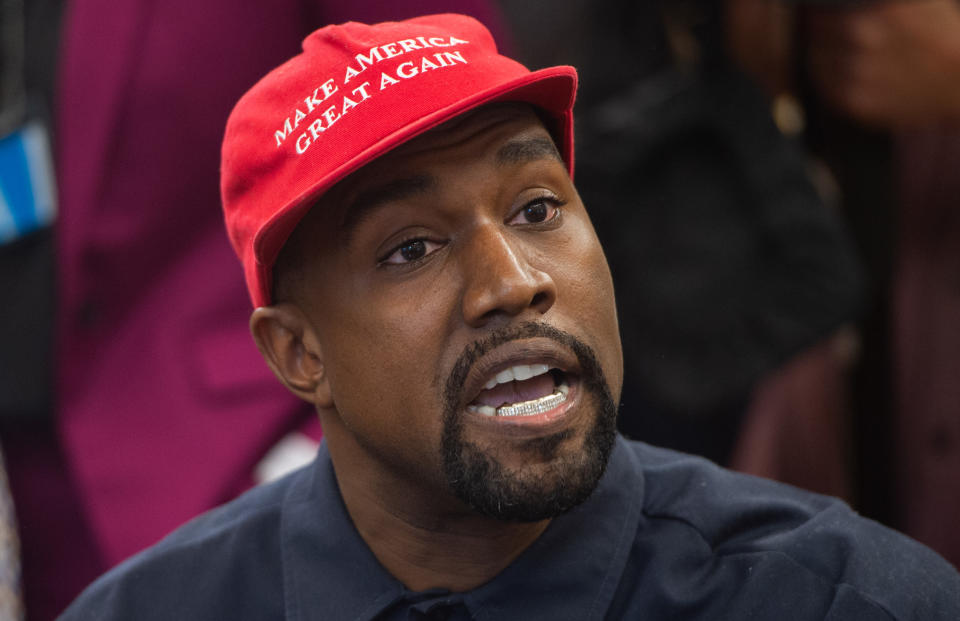 Rapper Kanye West speaks during his meeting with US President Donald Trump in the Oval Office of the White House in Washington, DC, on October 11, 2018. (Photo by SAUL LOEB / AFP)        (Photo credit should read SAUL LOEB/AFP via Getty Images)