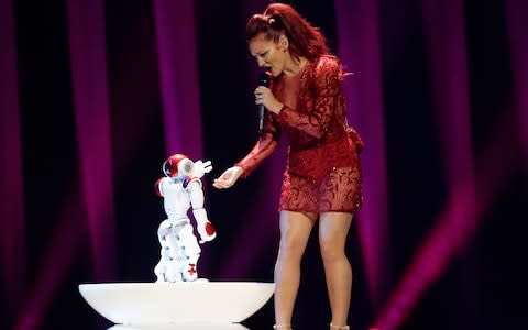 Jessika featuring Jenifer Brening from San Marino performs the song 'Who We Are' in Lisbon - Credit: AP