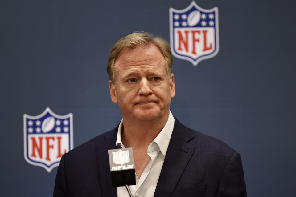 NFL football commissioner Roger Goodell speaks to the media during league meetings Wednesday, Oct. 18, 2023, in New York. (AP Photo/Adam Hunger)