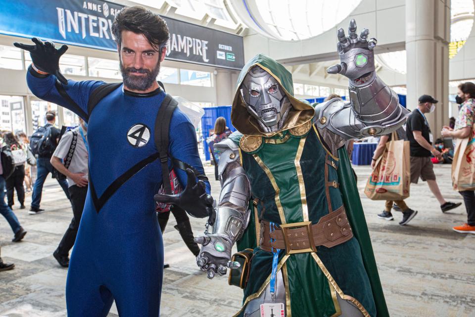 Actor Jennings Brower as Reed Richards (L) and Adam Lindsey as Doctor Doom from Fantastic Four pose for photos during 2022 Comic-Con International Day 4 at San Diego Convention Center on July 24, 2022 in San Diego, California.