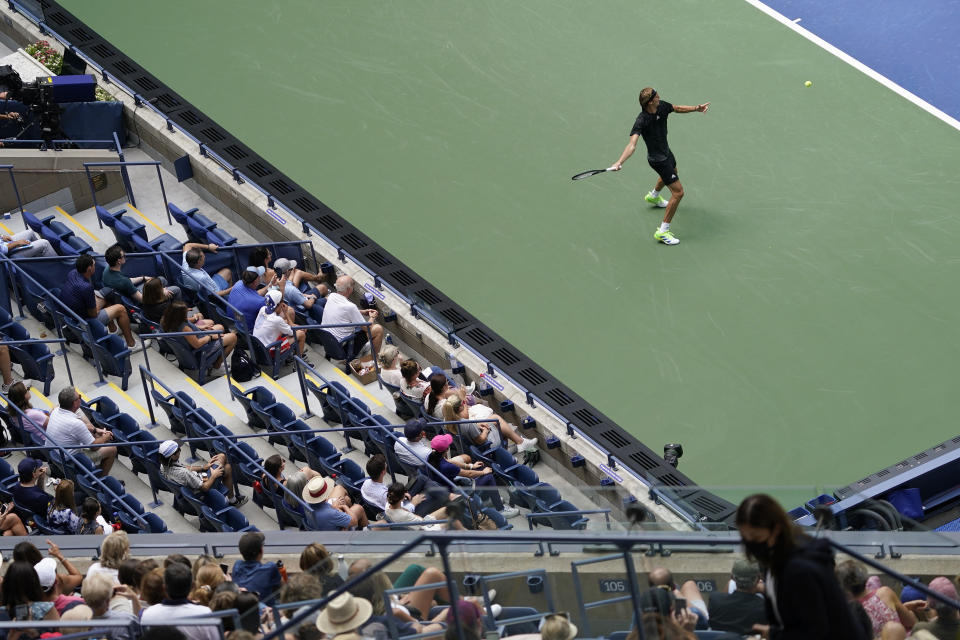 Alexander Zverev, of Germany, returns a shot to Sam Querrey, of the United States, during the first round of the US Open tennis championships, Tuesday, Aug. 31, 2021, in New York. (AP Photo/John Minchillo)