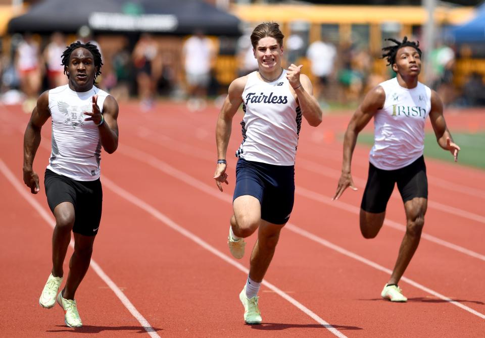 Fairless' Luke Yoder finishes first in the boys 200-meter dash final of the Division II District Track & Field Meet at Salem High School.  Saturday, May 21, 2022.