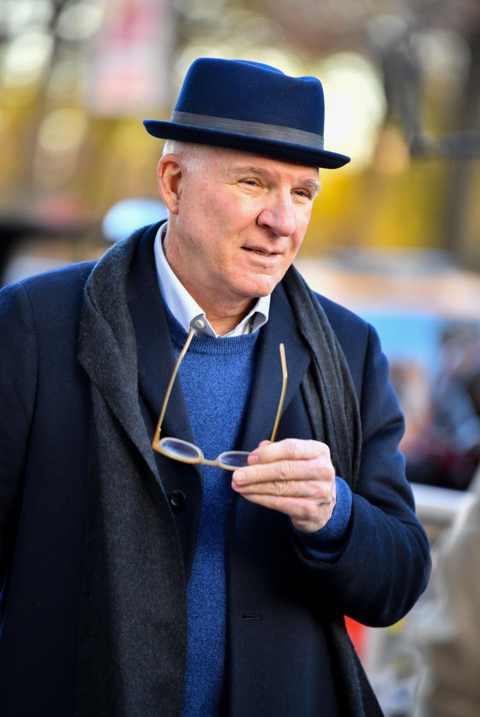 Steve Martin seen on the set of 'Only Murders in the Building' on the Upper West Side. December 2020. / Credit: James Devaney/Getty Images