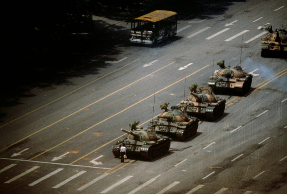 Beijing. Tien An Men Square. 'The Tank Man' stopping the column of T59 tanks. 4th June 1989.