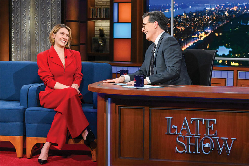 Elizabeth Olsen on the set of The Late Show With Stephen Colbert.