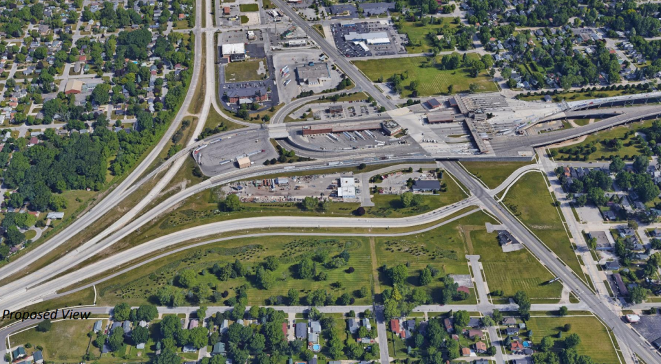 A birds-eye view of the current Blue Water Bridge Plaza area.