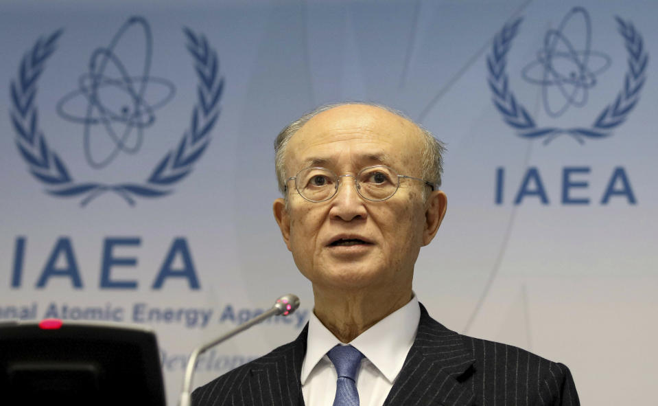 In this Thursday, Nov. 22, 2018, file photo, director General of the International Atomic Energy Agency, IAEA, Yukiya Amano of Japan, addresses the media during a news conference after a meeting of the IAEA board of governors at the International Center in Vienna, Austria. Yukiya Amano is urging world powers continue dialogue with Iran to keep it in the landmark 2015 deal aimed at preventing the country from building nuclear weapons.(AP Photo/Ronald Zak)