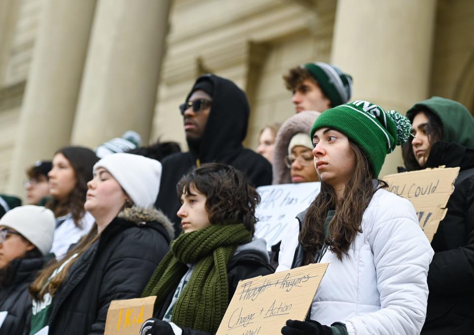 Students rally on the Capitol steps on Thursday, Feb. 15, 2024, during a rally against gun violence.