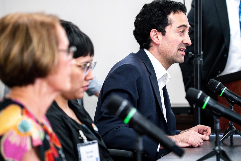 Josh Mandelbaum speaks during a mayoral candidate forum organized by Iowa Unity Coalition at Iowa Federation of Labor on Tuesday, June 13, 2023, in Des Moines.