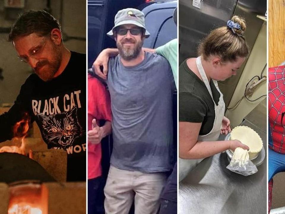 We asked these four Calgary workers how they're coping in such hot temperatures. From left to right: Chris Green, a bladesmith; Terry Van Riesen, a roofer; Brynn Burdett, a cake decorator; and Ali Bayrouti, a party performer. (Melanie Orr Photography, Tim Adams, Glamorgan Bakery, Mascot Parties - image credit)