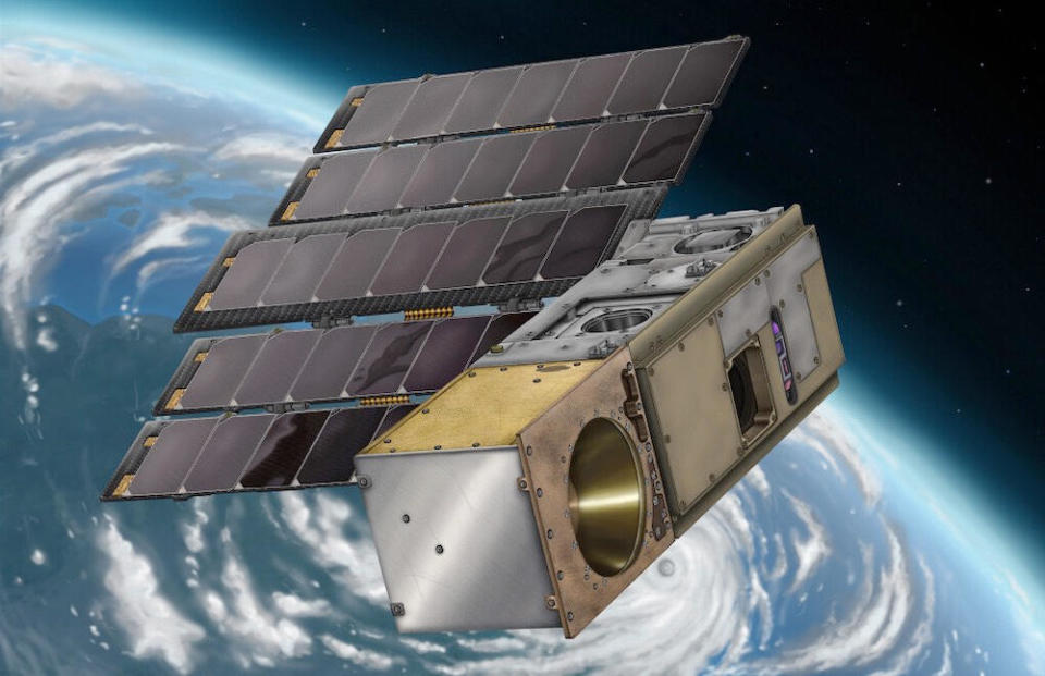 An artist's impression of a NASA TROPICS satellite studying a tropical storm from orbit. Four such satellites will enable hourly passes over developing storms to help scientists learn more about how storms develop and evolve. / Credit: NASA