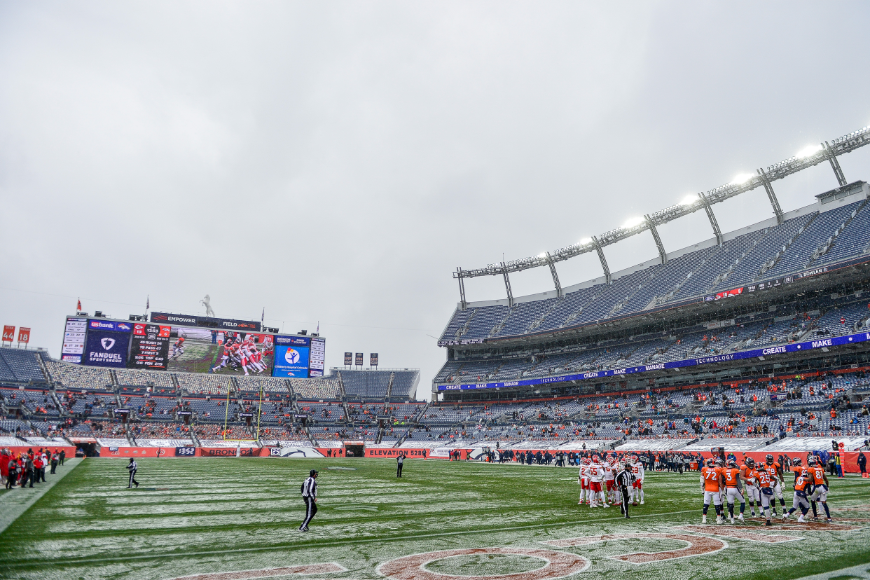 Denver Broncos, Empower Field at Mile High, Denver, general view of the stadium and field as snow falls and the Denver Broncos work out of their own end zone against the Kansas City Chiefs with limited fans in seating on October 25, 2020