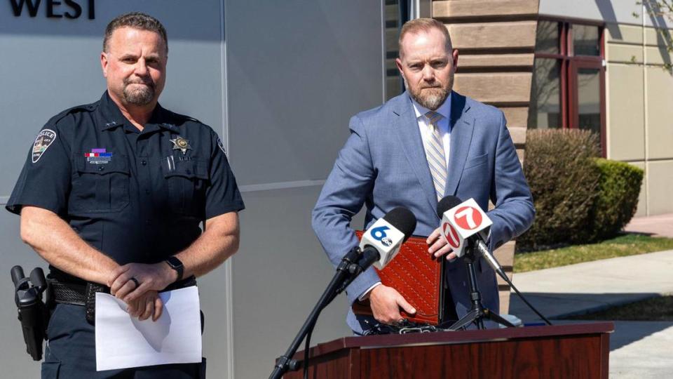 Idaho Department of Correction Director Josh Tewalt, right, with Boise Police Department Chief Ron Winegar, addressed the media about maximum security prisoner Skylar Meade’s escape from Saint Alphonsus Regional Medical Center in Boise on March 20, 2024.