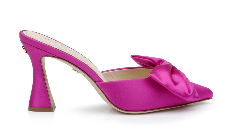 Dee Ocleppo, heels, high heels, mules, pink mules, satin mules, pointed toe mules, pointed toe heels, bow mules