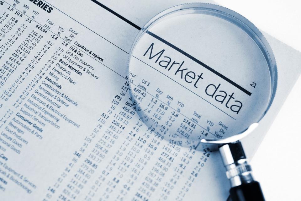 A magnifying glass laid atop a financial newspaper, which is enlarging the phrase, market data.