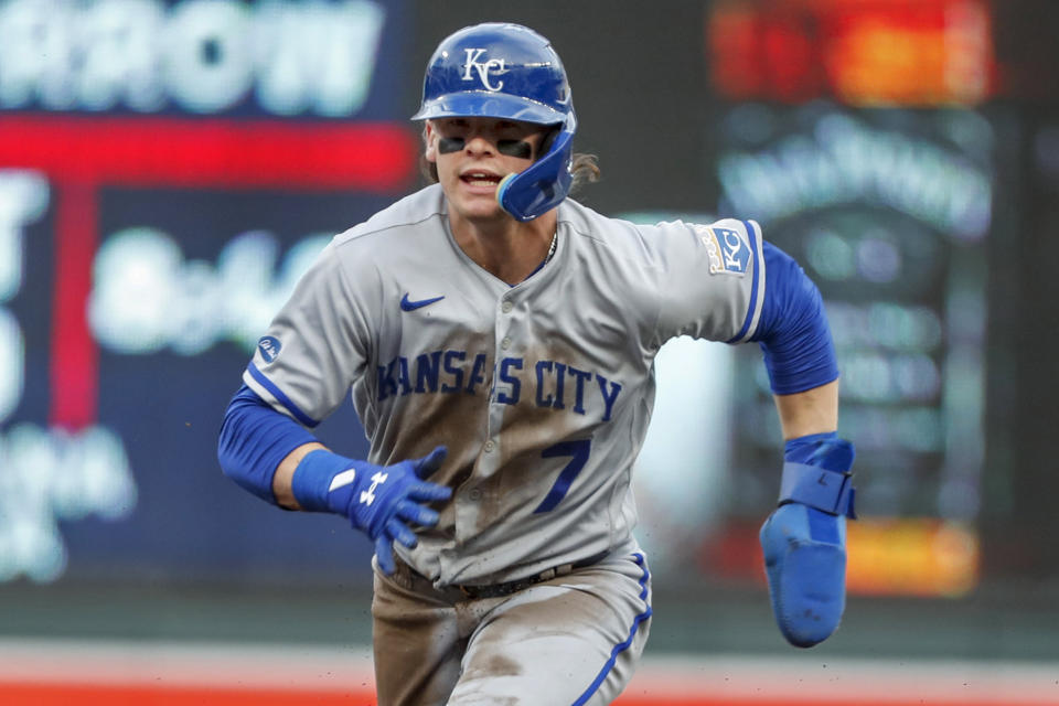 Kansas City Royals' Bobby Witt advances to third base on a throwing error after stealing second during the first inning of the team's baseball game against the Minnesota Twins on Friday, May 27, 2022, in Minneapolis. (AP Photo/Bruce Kluckhohn)