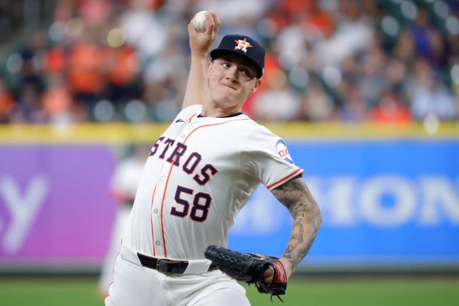 Houston Astros starting pitcher <a class="link " href="https://sports.yahoo.com/mlb/players/12141/" data-i13n="sec:content-canvas;subsec:anchor_text;elm:context_link" data-ylk="slk:Hunter Brown;sec:content-canvas;subsec:anchor_text;elm:context_link;itc:0">Hunter Brown</a> throws against the Cleveland Guardians during the first inning of a baseball game Tuesday, April 30, 2024, in Houston. (AP Photo/Michael Wyke)