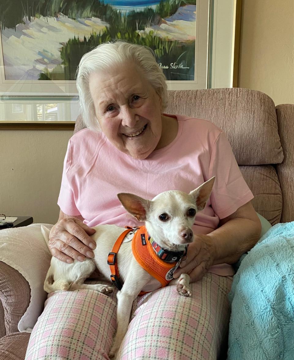 Johanna Carrington, 100, found the perfect lap dog in Gucci, 11 – which he proved just moments after entering her home. (Courtesy Debbie Carrington)