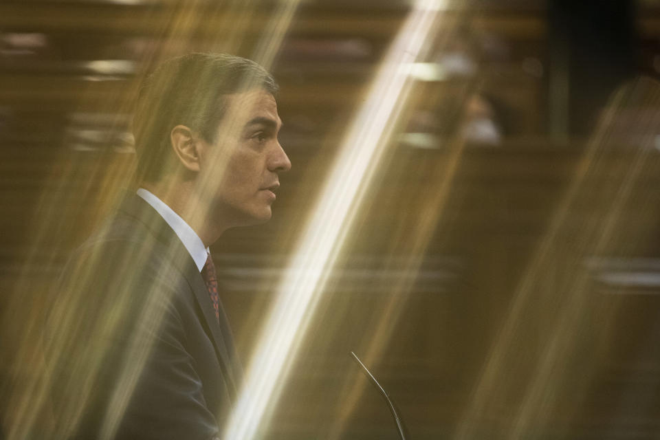 Spain's Prime Minister Pedro Sanchez speaks during a parliamentary session in Madrid, Spain, Thursday Oct. 22, 2020. Sanchez is facing a no-confidence vote in parliament brought by the nation's far-right Vox party. (Pablo Blazquez Dominguez/Pool via AP)