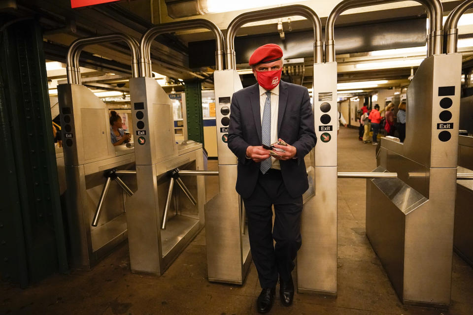 New York City Republican mayoral candidate Curtis Sliwa enters the subway to get to a campaign event, Tuesday, Oct. 12, 2021, in New York. (AP Photo/Mary Altaffer)