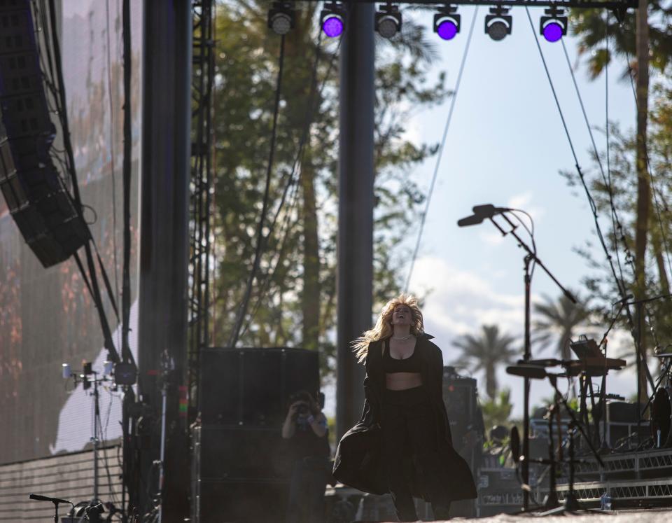 Renee Rapp performs at the Outdoor Theatre during the Coachella Valley Music and Arts Festival in Indio, Calif., Sunday, April 14, 2024.