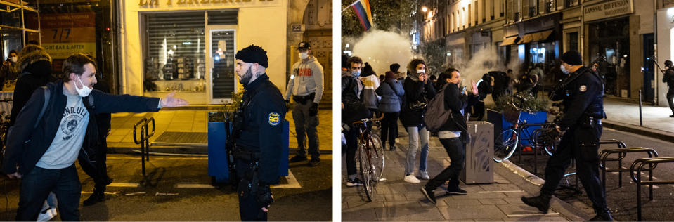 Left: Buisine confronts a security officer during a protest on Nov. 23, 2020. Right: Buisine is threatened by a police officer with a club.