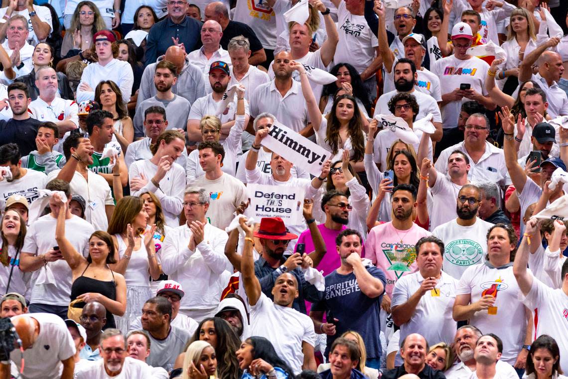 Miami Heat fans react in the stands during the second half of Game 3 of the NBA Eastern Conference Finals series against the Boston Celtics at Kaseya Center in Miami, Florida, on May 21, 2023.