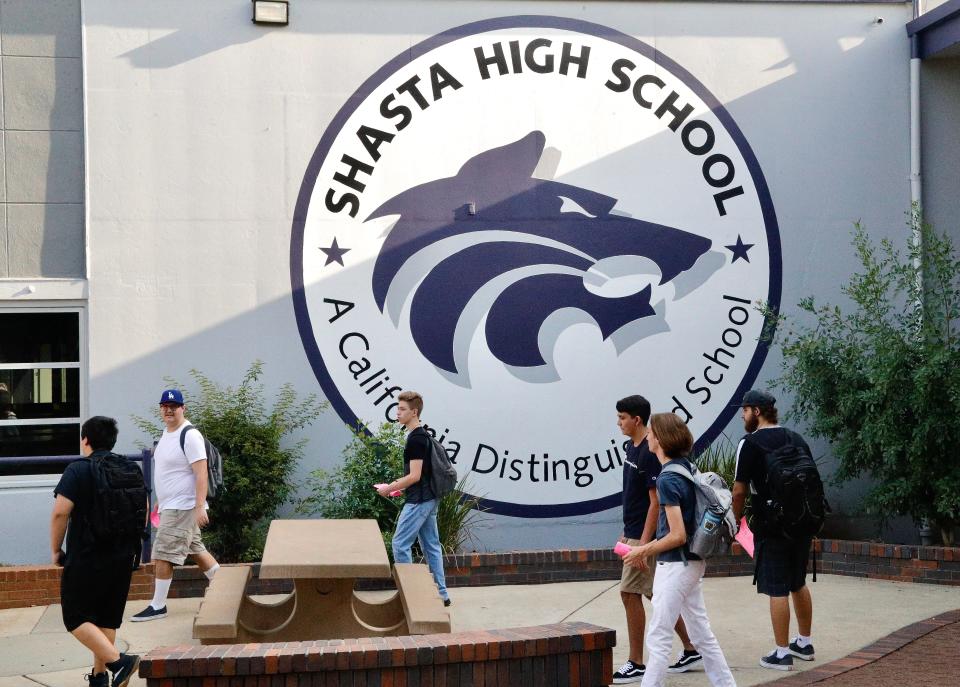 Shasta High School students head to their first class on the first day of school at the Redding campus on Wednesday.
