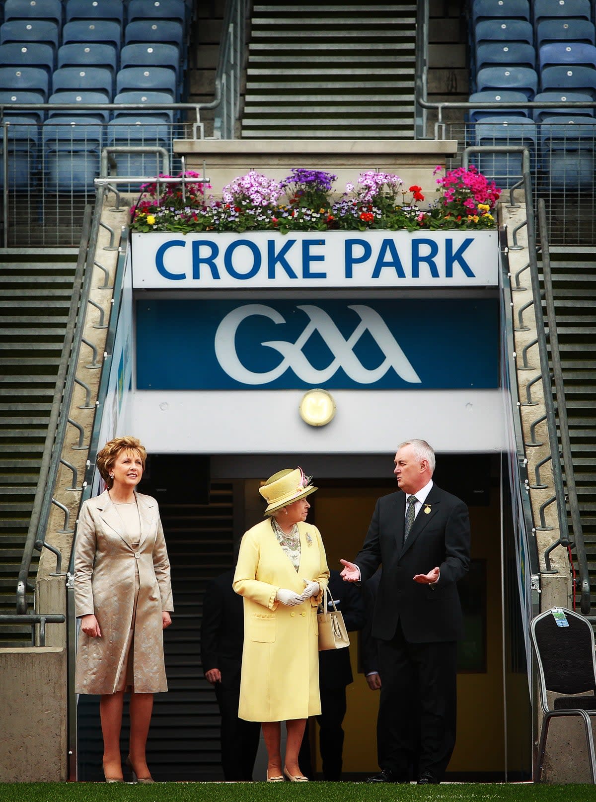 Then President of the Irish Republic Mary McAleese, Queen Elizabeth II and then GAA President Christy Cooney at Croke Park, Dublin, during her visit to Ireland (Julien Behal/PA Wire) (PA Archive)