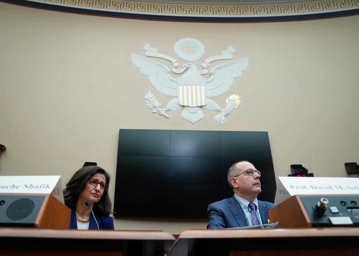 Dr. Nemat "Minouche" Shafik, Columbia University's president, and David Schizer, a former dean at Columbia Law School, testify on Capitol Hill in April about pro-Palestinian protests and antisemitism on campus.