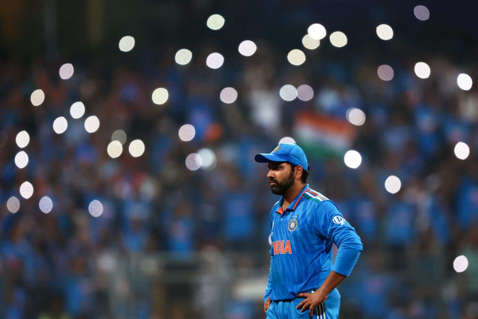 Rohit Sharma of India looks on during the ICC Men's Cricket World Cup India 2023 Semi Final match between India and New Zealand at Wankhede Stadium on November 15, 2023 in Mumbai, India. Sharma will be leading India's 15-member squad in the upcoming 2024 ICC T20 World Cup.