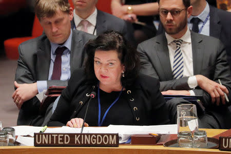 Britain's Ambassador to the United Nations, Karen Pierce, addresses an incident in Salisbury, Britain, during a meeting of the U.N. Security Council at U.N. headquarters in New York, U.S., April 5, 2018. REUTERS/Lucas Jackson