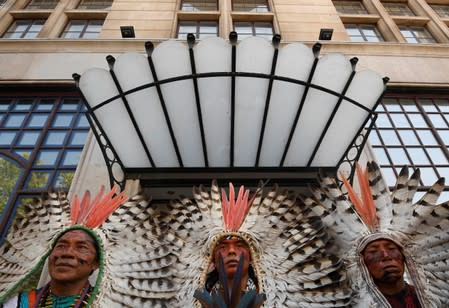 Indigenous leaders of the Huni Kuin Kaxinawa from Brazil join a protest organised by Extinction Rebellion against the Brazilian government's environmental polices, outside of the Brazilian Embassy in London, Britain