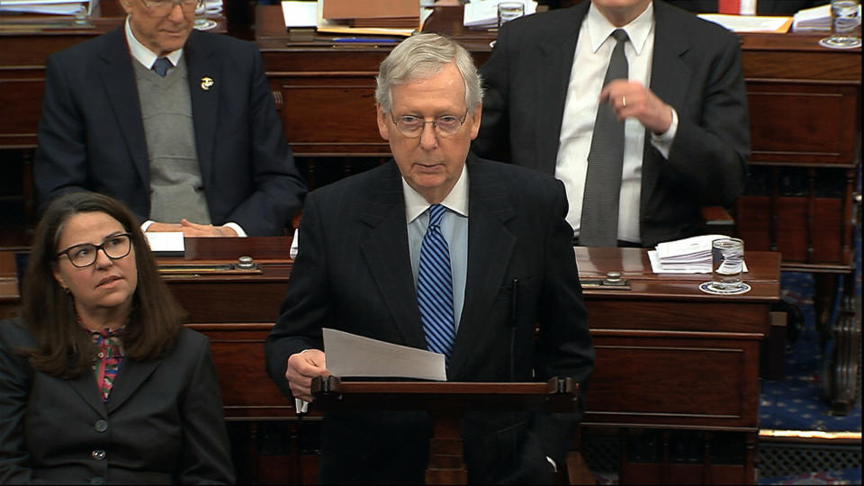 In this image from video, Senate Majority Leader Mitch McConnell, R-Ky., speaks during the impeachment trial against President Donald Trump in the Senate at the U.S. Capitol in Washington, Wednesday, Jan. 22, 2020. (Photo: Senate Television via AP)