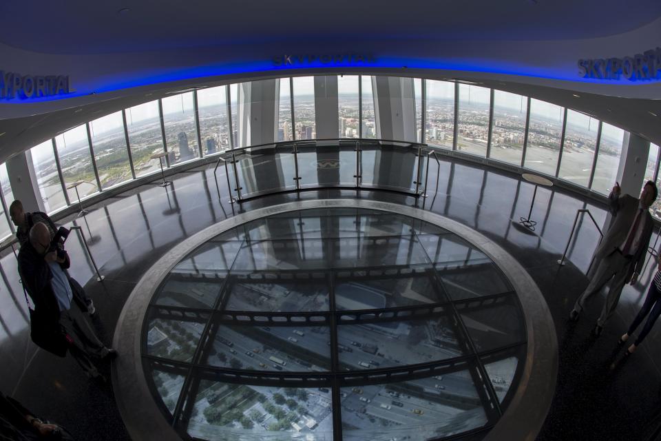 Media stand next to the SkyPortal in the One World Observatory observation deck on the 100th floor of the One World Trade center tower in New York