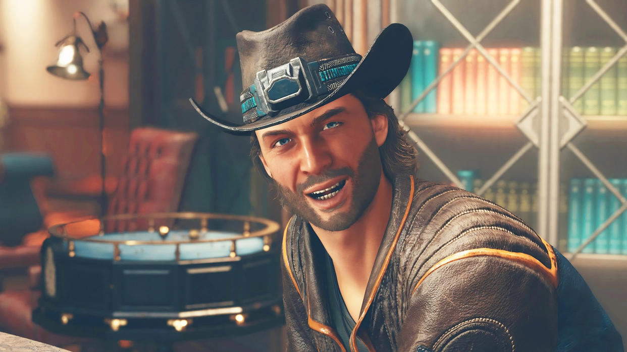  Close-up of man grinning with a cowboy hat. 