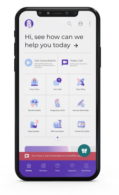 Bangladesh-based healthcare app Maya's homescreen