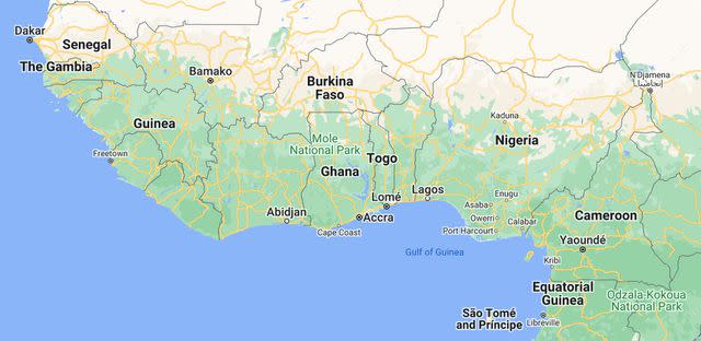 <p>Google Maps</p> Map of West Africa that shows Sao Tome and Principe, Gambia, and Senegal