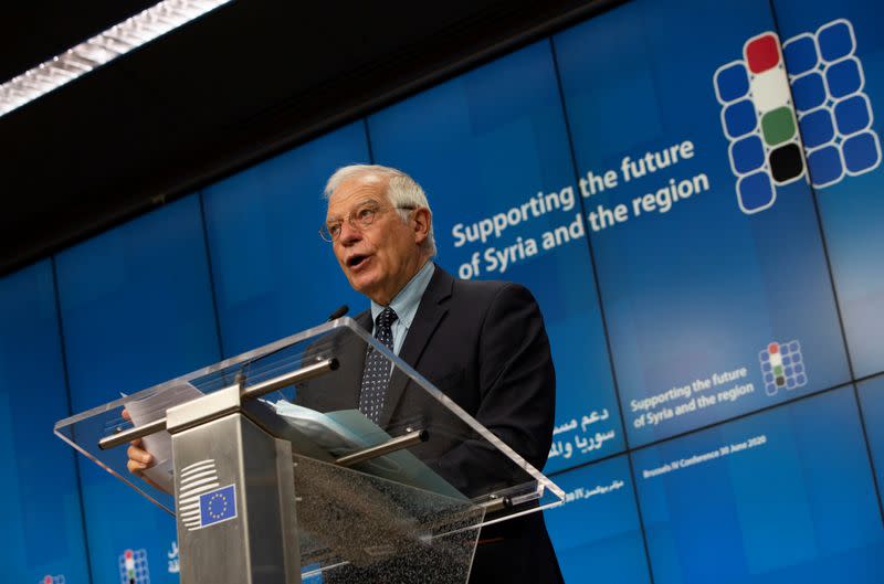 News conference after a meeting "Supporting the future of Syria and the Region", in videoconference format, at the European Council building in Brussels