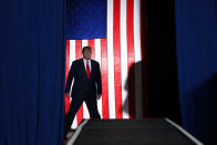 President Donald Trump arrives to speak at a campaign rally at the Santa Ana Star Center, Monday, Sept. 16, 2019, in Rio Rancho, N.M. (AP Photo/Evan Vucci)