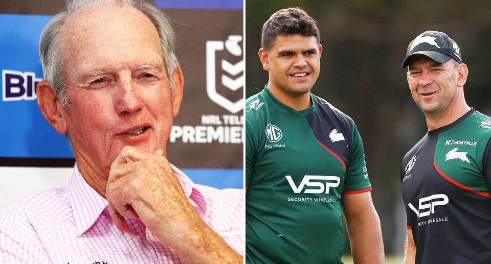 Pictured left to right is NRL coach Wayne Bennett, Latrell Mitchell and former Rabbitohs coach Jason Demetriou.