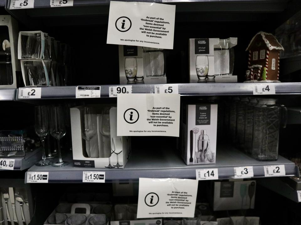 BLACKWOOD, WALES - OCTOBER 24: A general view of an isle in a supermarket which has used signage to advertise non essential goods which are restricted from sale due to the Welsh firebreak lockdown restrictions on October 24, 2020 in Blackwood, Wales. (Photo by Huw Fairclough/Getty Images)