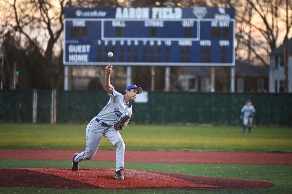 Milwaukee King's Satchel Senboutaraj (24) pitches against Arrowhead in a game Tuesday, April 9, 2024, at Henry Aaron Field in Glendale, Wisconsin.