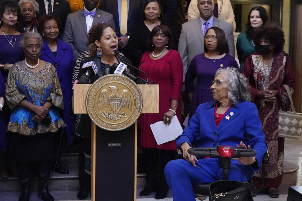 Former Mississippi State Rep. Alyce Clarke, D-Jackson, right, listens to comments made by State Rep. Zakiya Summers, D-Jackson at the ceremony where Clarke's official portrait was unveiled at the Mississippi State Capitol, Tuesday, Feb. 13, 2024, in Jackson. Clarke, a long-time legislator, is the first woman and the first African American to have a portrait hanging in the state Capitol. (AP Photo/Rogelio V. Solis)