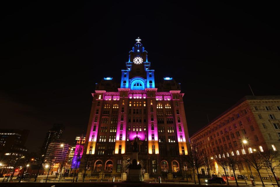 The Royal Liver Building illuminated for Eurovision in Liverpool, Merseyside (PA Wire)
