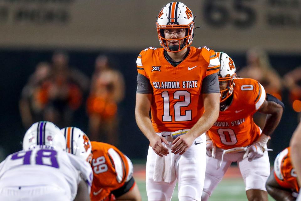 Even with little clarity in the OSU's quarterback battle, Gunnar Gundy (12) impressed to close out the Cowboys’ 27-13 win over Central Arkansas on Saturday.