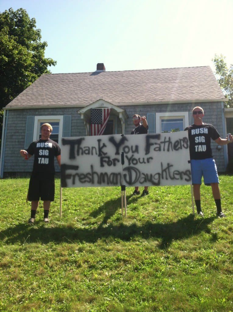 <p>A banner <a href="http://totalfratmove.com/guys-at-old-dominion-make-hilarious-welcome-week-sign-forced-to-take-it-down/">displayed by fraternity brothers</a>&nbsp;at an unknown university.&nbsp;</p>