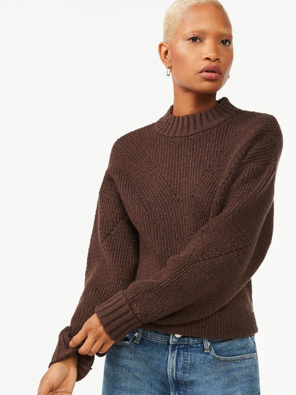 Oversized Mock Neck Pointelle Sweater