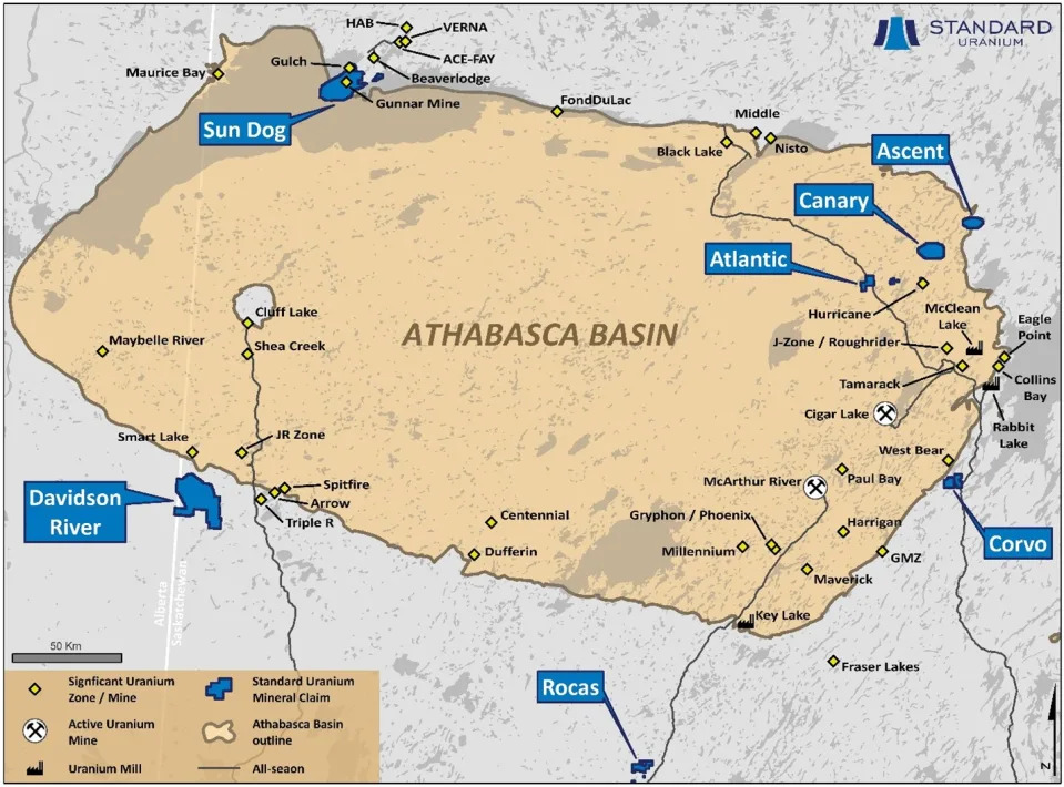 Overview map of Standard Uranium’s seven Athabasca Basin projects. The newly staked Corvo Project is located 45 km northeast of the 92Energy’s Gemini Mineralized Zone (“GMZ”) and 60 km due east of Cameco’s McArthur River mine.