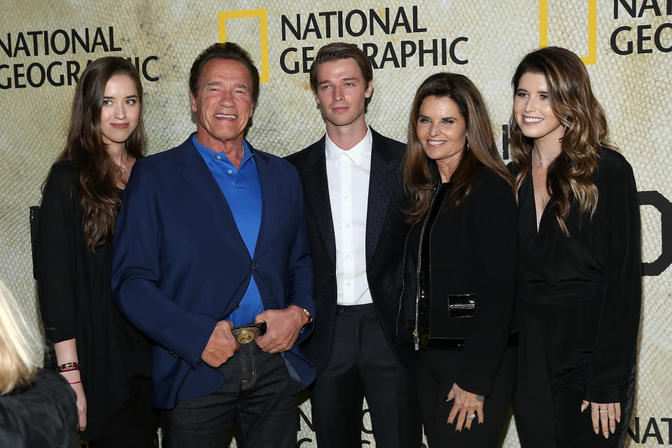 LOS ANGELES, CA - OCTOBER 30:  (L-R) Christina Schwarzenegger, Arnold Schwarzenegger, Patrick Schwarzenegger, Maria Shriver and Katherine Schwarzenegger attend the premiere of National Geographic's "The Long Road Home" at Royce Hall on October 30, 2017 in Los Angeles, California.  (Photo by Phillip Faraone/Getty Images)